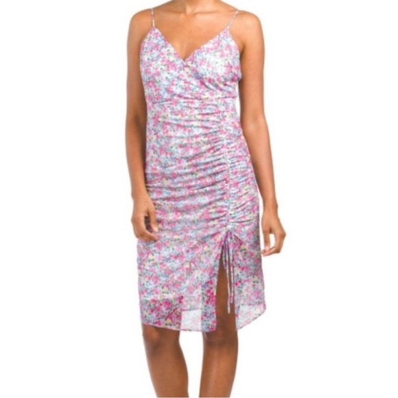 BCBGeneration Women's Ruched Floral Print Pink Purple Sleeveless Mini Dress 14 - Picture 1 of 5